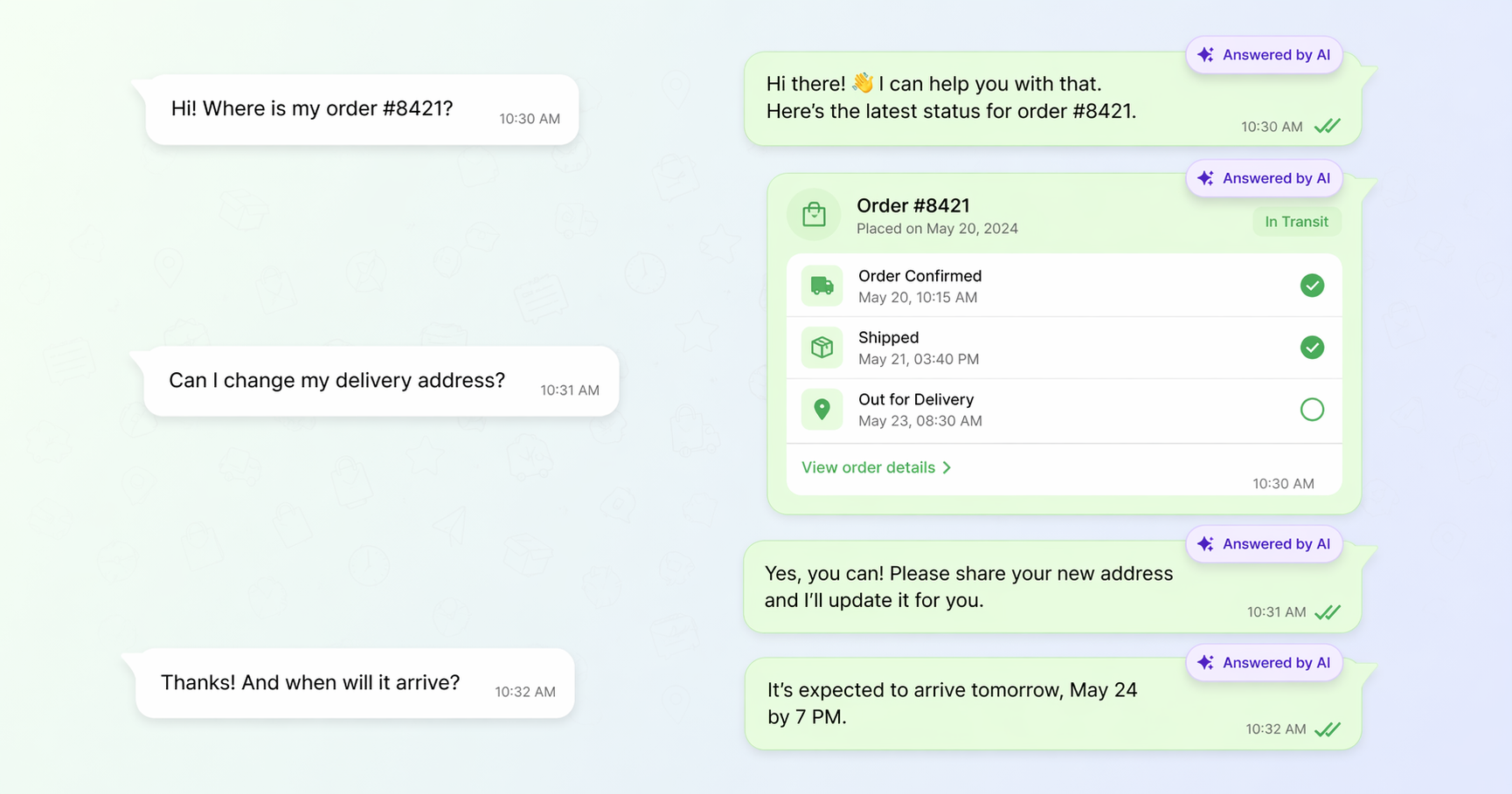 IrisAgent AI replying to customer questions on WhatsApp