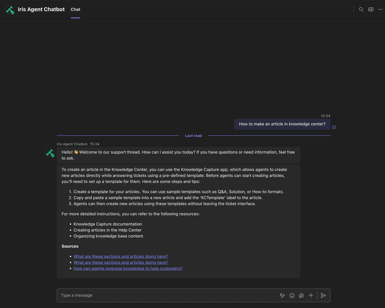 AI Chat conversation in Microsoft Teams