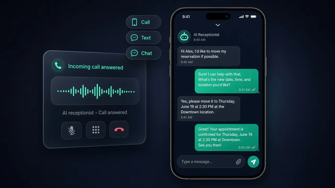 AI receptionist answering phone, text, and chat on the channels you already run