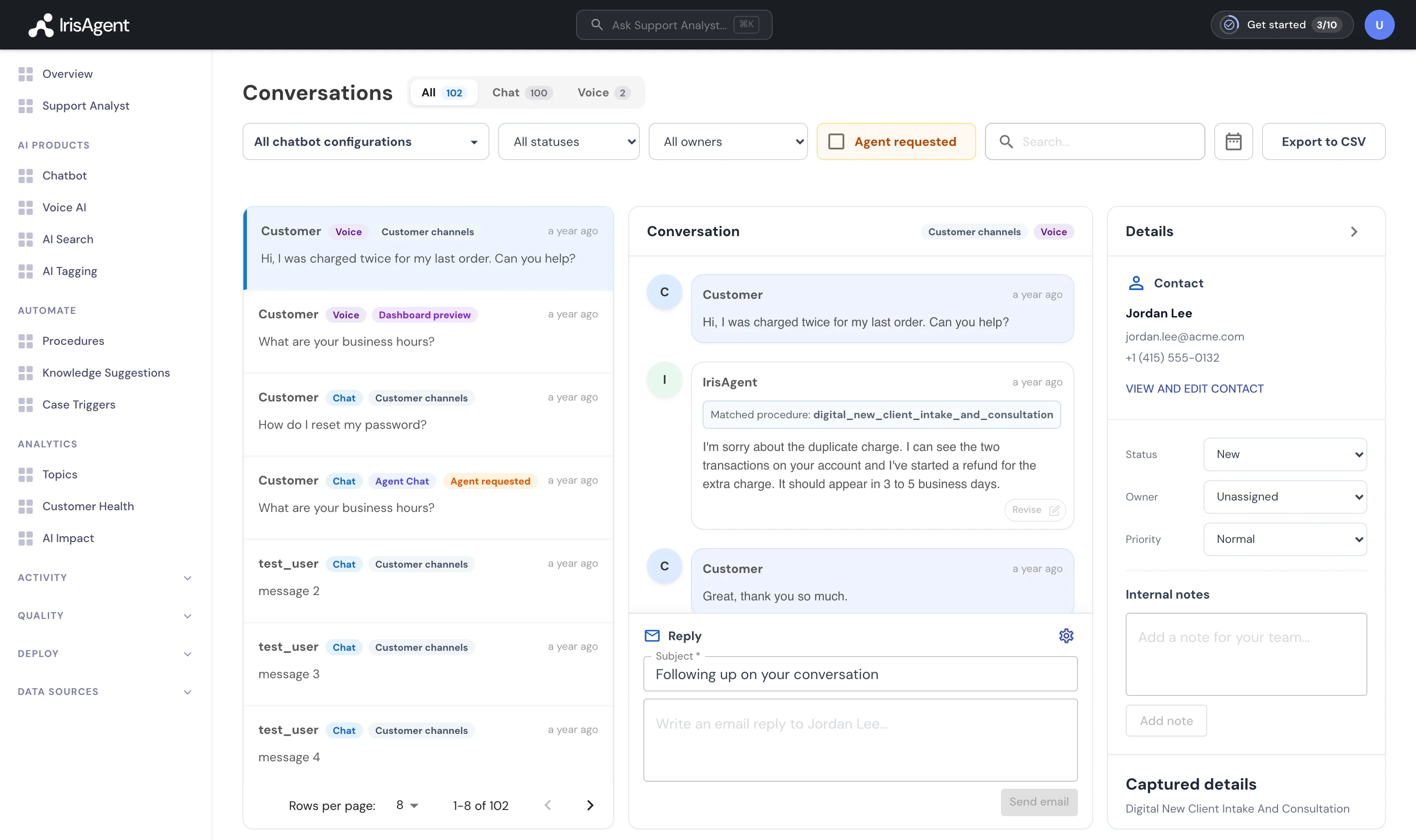 IrisAgent AI helpdesk unified inbox with conversation list, AI-resolved thread, reply composer, and contact details panel
