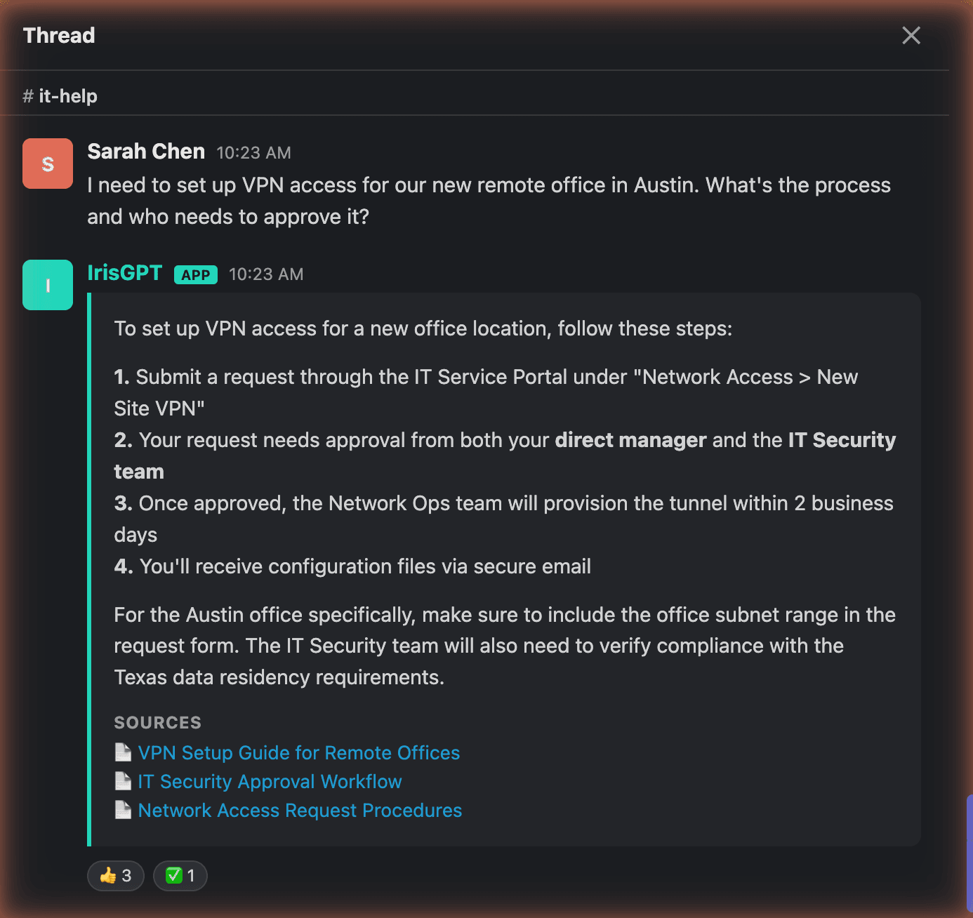 IrisGPT AI helpdesk inside Slack